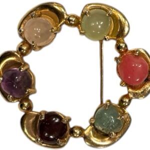 Vintage Ciner Signed Gold Tone Multicolor Cabachon Circle Brooch